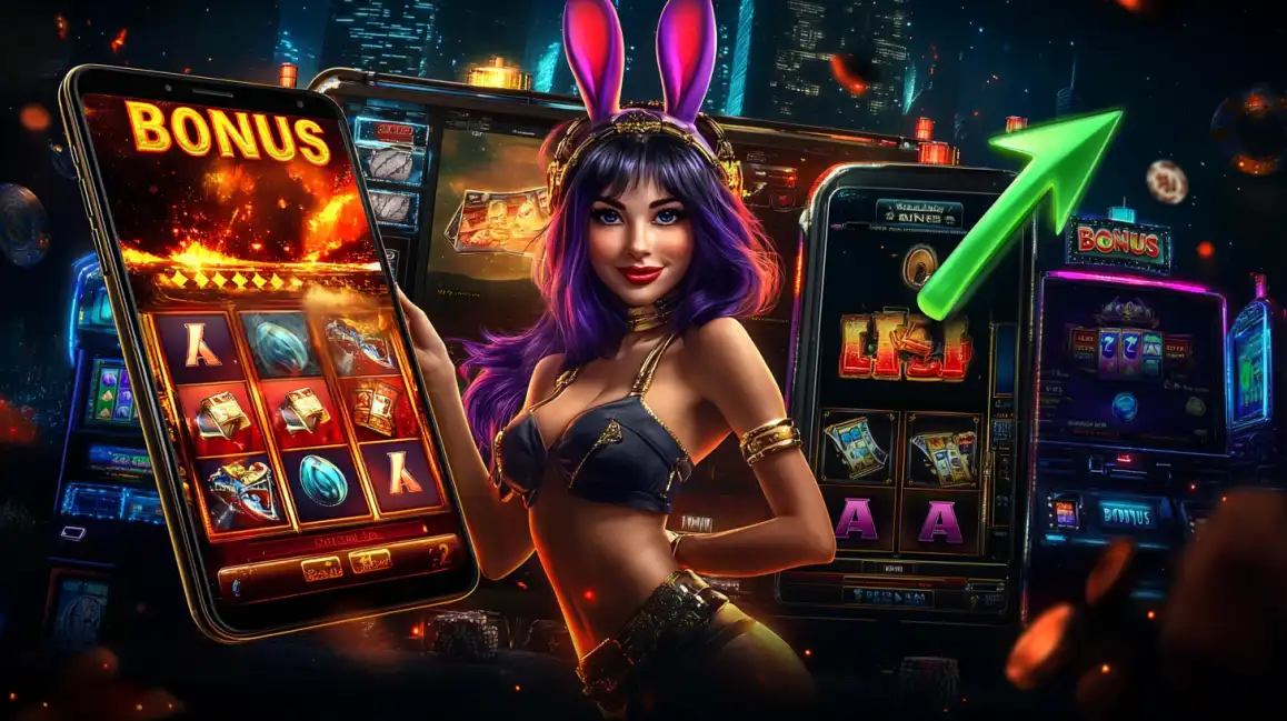 Claim Your Exclusive Bonus on the KKBD App! A happy woman with purple bunny ears shows a 'BONUS' screen on her phone, with a rising green arrow symbolizing the amazing promotions and wins at KKBD.