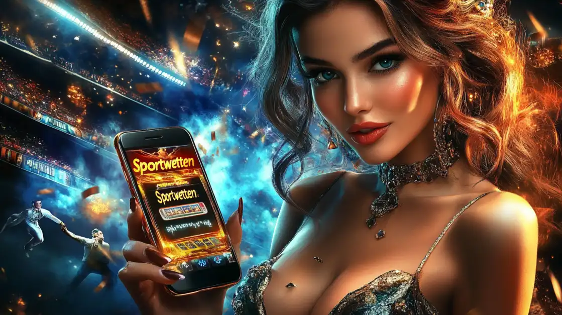 A glamorous woman at a live stadium event holds a smartphone displaying the KKBD 'Sportwetten' app, ready to place live in-game wagers.
