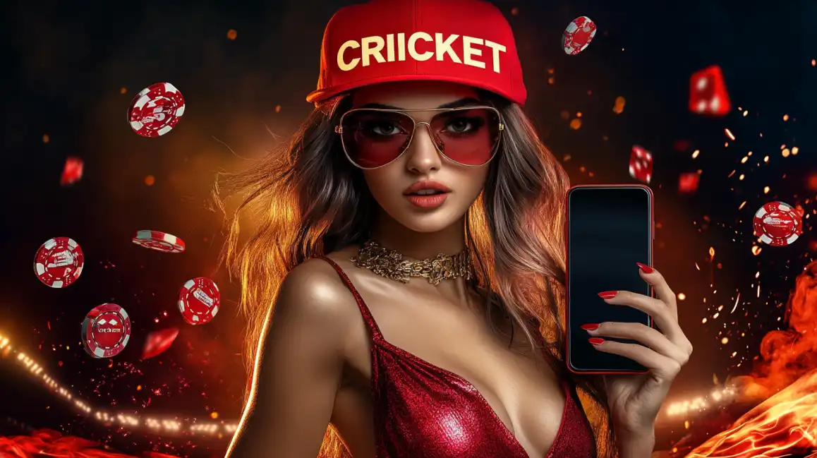 A stylish woman in a red 'Cricket' cap holds her smartphone, ready to place bets on her favorite matches while enjoying the casino action at KKBD.