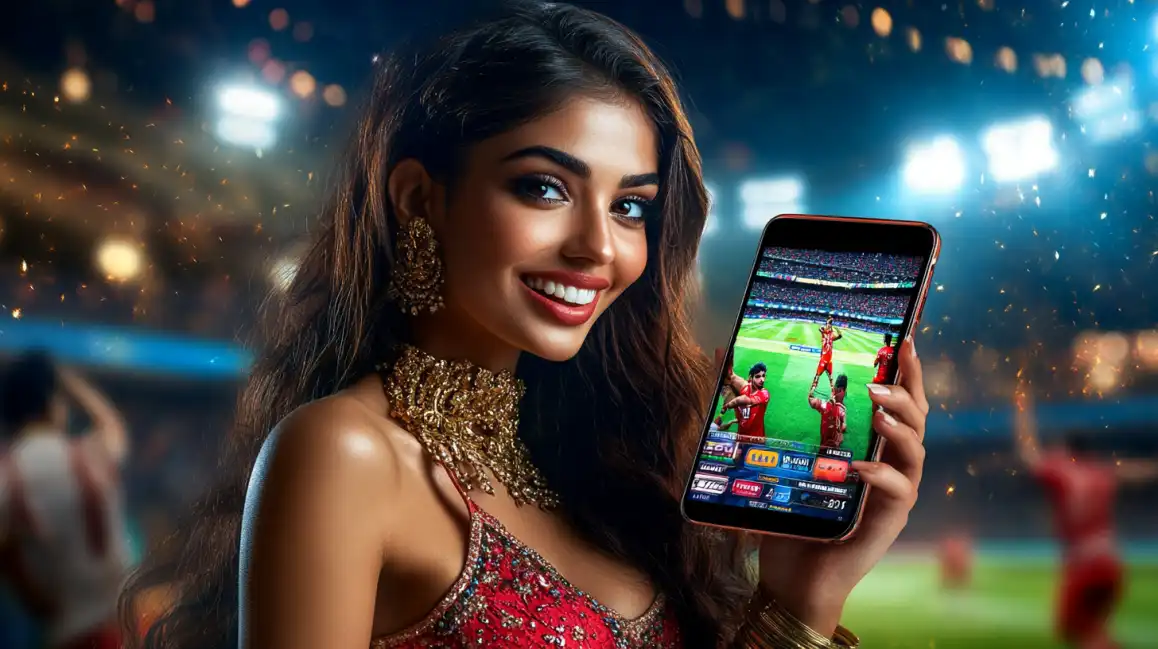 The Ultimate Cricket Betting Experience with KKBD A smiling woman in beautiful traditional attire enjoys a cricket match at a stadium while using the KKBD mobile app to follow the action and place live bets.
