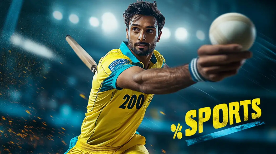 An intense cricket player in a yellow jersey bowls in a stadium, promoting the exciting sports betting opportunities and special offers available at KKBD.