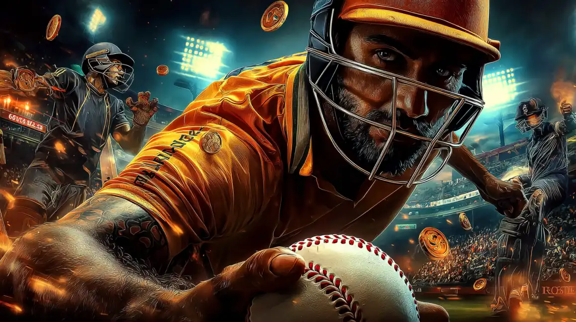 Intense Cricket Action and Betting at KKBD An intense, tattooed cricket player in full gear is ready for the high-stakes action of the match, an experience you can bet on live with KKBD sports.
