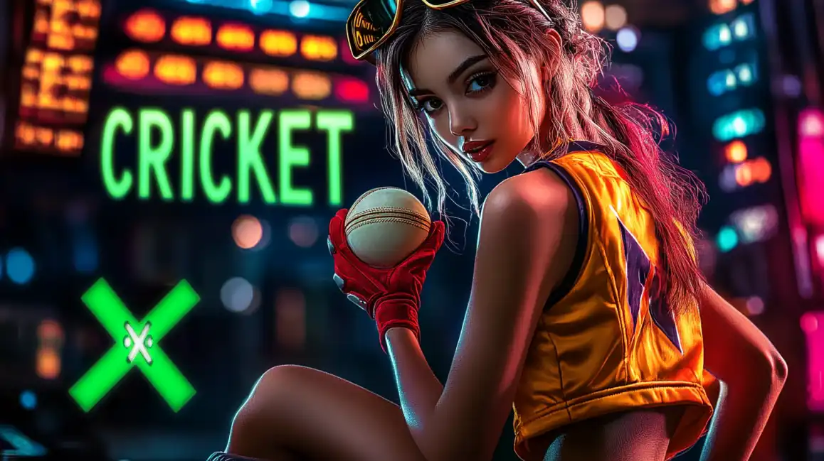 A stylish woman in a neon-lit environment holds a cricket ball, inviting you to experience the modern and exciting world of online cricket betting at KKBD.