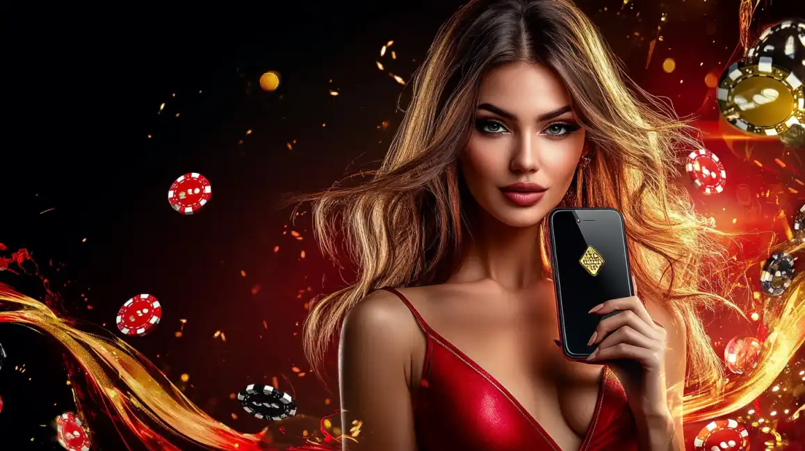 A glamorous woman in a red dress smiles as she uses the KKBD mobile app, with casino chips flying around her to celebrate another big win.