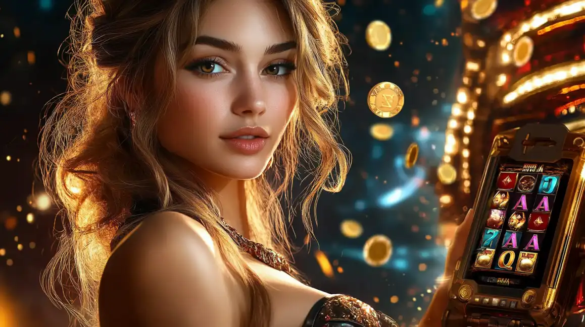 An elegant woman shows off a big win on a classic slot machine on her phone, with golden coins from her KKBD jackpot win floating all around her.