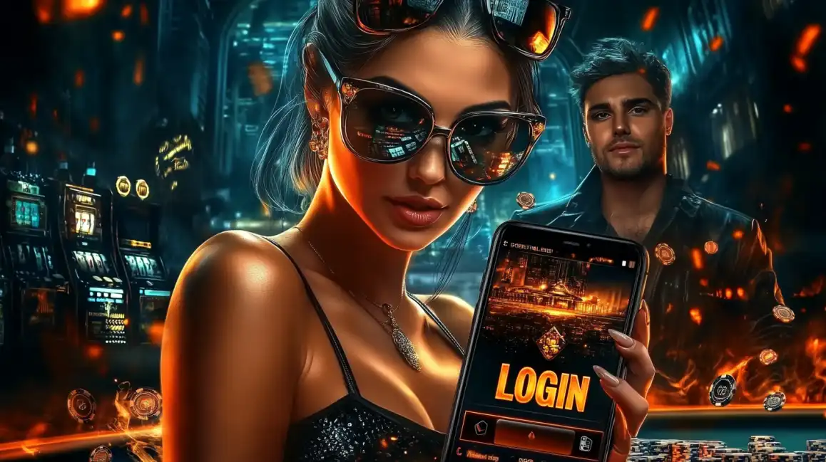 Login to the World of VIP Gaming at KKBD A glamorous woman in a high-stakes casino holds a smartphone displaying the secure login screen for the exclusive KKBD mobile app.