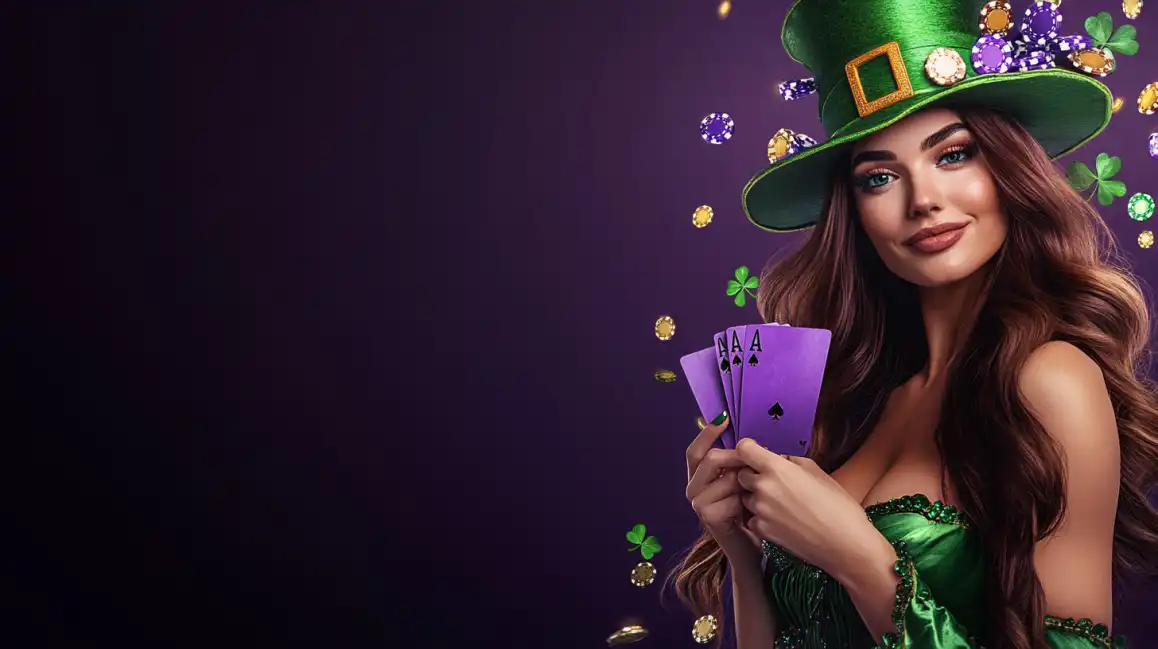 A lucky woman dressed as a leprechaun holds a winning hand of three aces, inviting you to try your luck on the Irish-themed games and poker at KKBD.